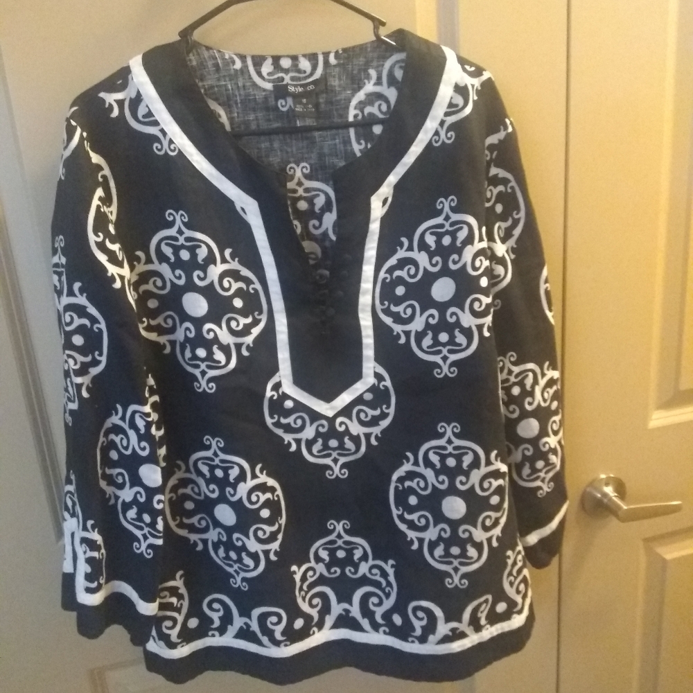 Style &; Company black and white linen tunic women's size 16 100% linen nwot